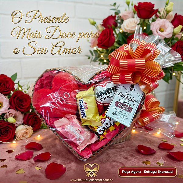Cesta Coração com 04 Bombons Sortidos 01 Coração chaveiro Tag Te Amo Meu Coração escolheu Você!