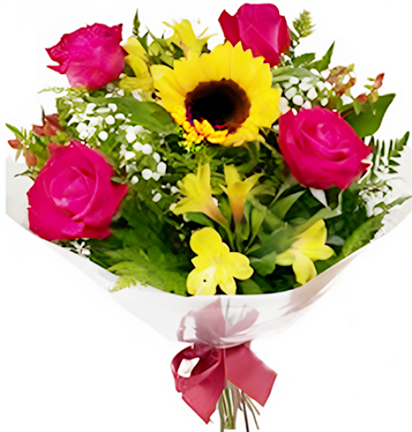 144 - Buquê de rosas vermelhas e girassol