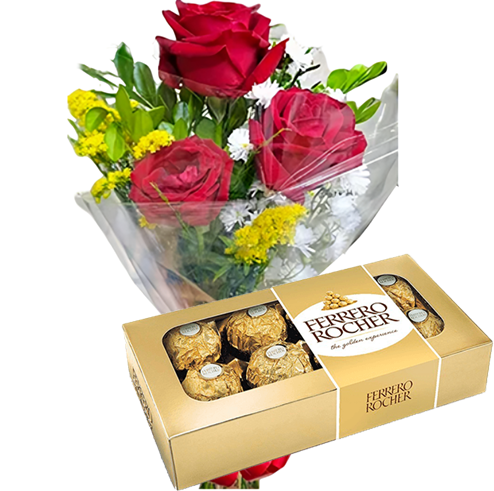 183 - Buquê com 3 rosas e Ferrero