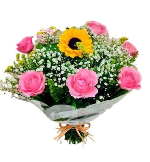 277 - Buquê de 7 rosas e 1 girassol