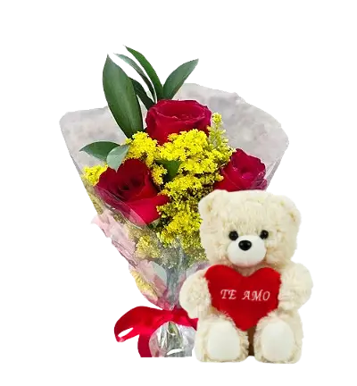 413 - Arranjo com 3 rosas e pelucia