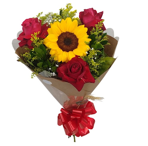 110 - Arranjo de 3 rosas e 1 girassol