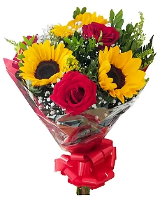 144 - Buquê de 2 rosas e 3 girassóis