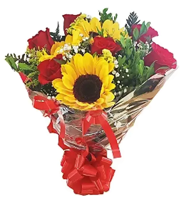 186 - Buquê de 6 rosas vermelhas e 3 girassóis