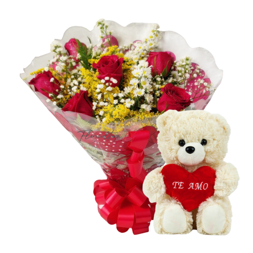 147 - Buquê com 7 rosas e pelucia
