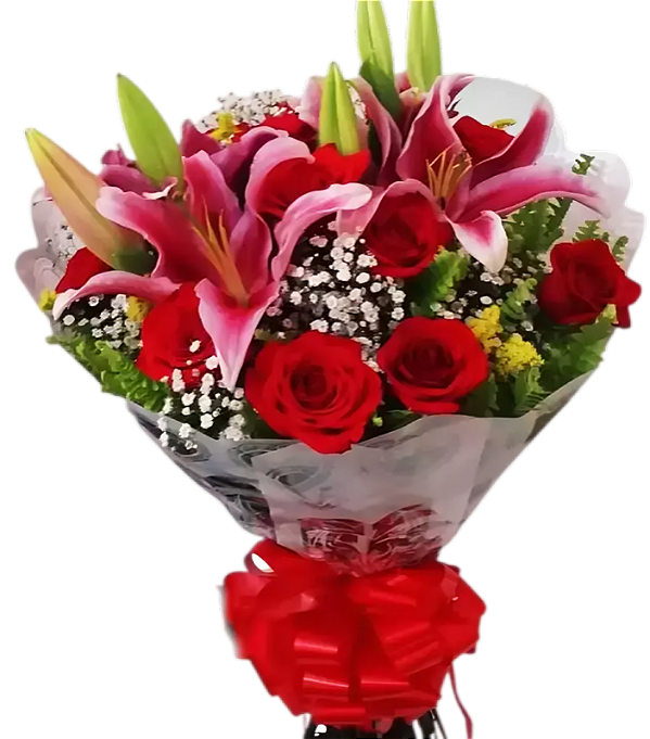 422 - Buquê de lírios e rosas vermelhas