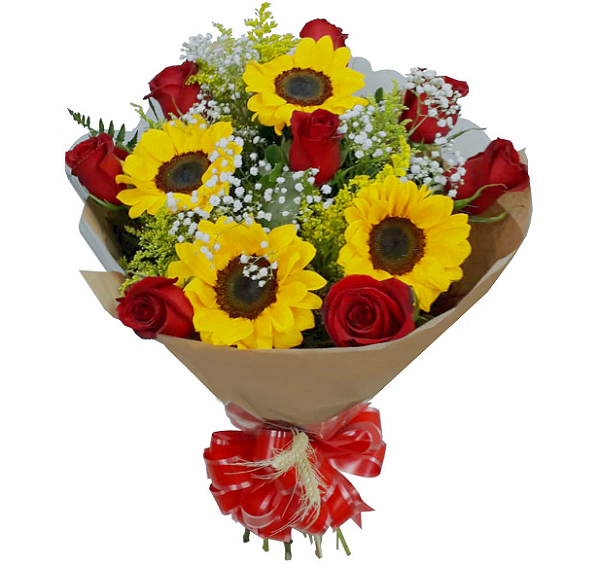 172 - Buquê 8 rosas e 4 girassois