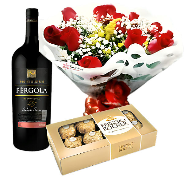 Buquê de 12 rosas, vinho e Ferrero