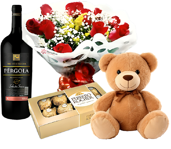 Cód: 1020A - Buquê 12 rosas, pelucia, vinho e Ferrero