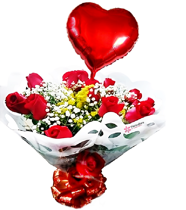Buquê de 12 rosas e balão coração