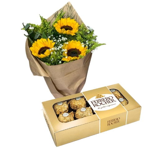 142 - Arranjo com 3 girassois e Ferrero