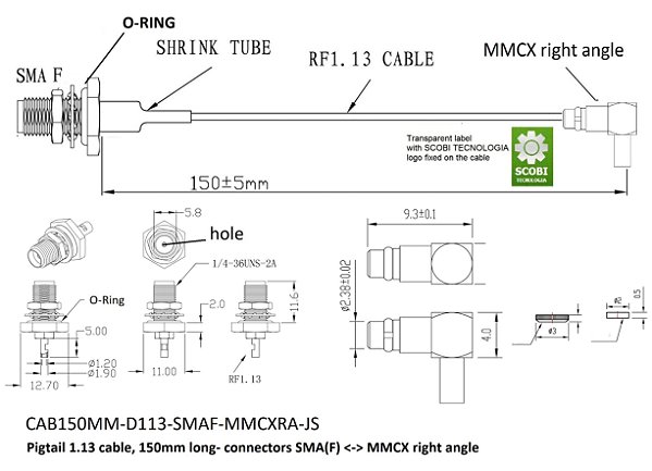 Pigtail conectores SMA(F) O-Ring <-> MMCX 90 graus, comprimento 150mm - CAB150MM-D113-SMAF-MMCXRA-JS