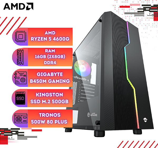 COMPUTADOR GAMER NINJA FLASH AMD RYZEN 5 4600G, MEM 16GB, SSD NVME 480GB, RGB, FONTE 80 PLUS PFC ATIVO, VIDRO LATERAL