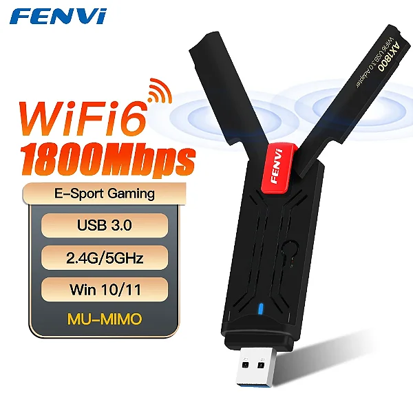 ADAPTADOR FENVI AX1800 WIFI 6 BANDA DUPLA 2.4/5GHZ MT7921 USB 3.0/2.0 P/WINDOWS 10/11