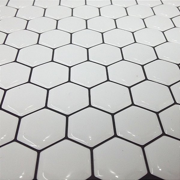 Pastilha Adesiva Resinada Hex White - Rejunte Preto - 1 Placa