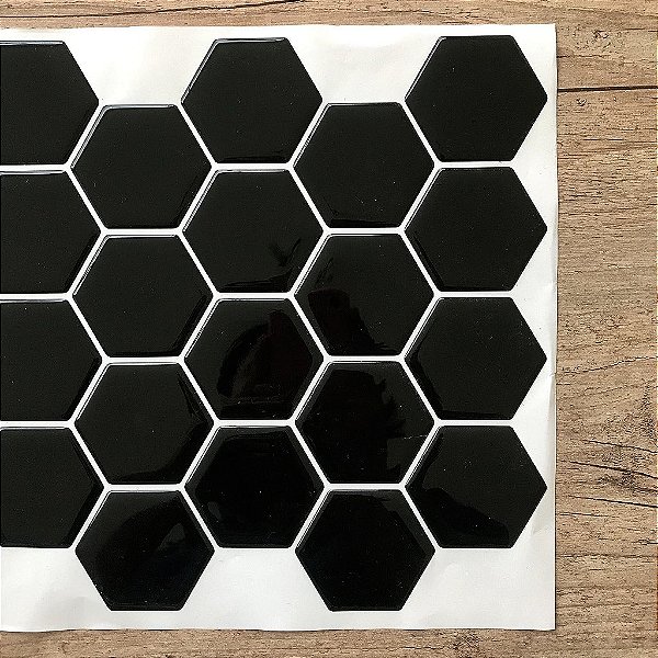 Pastilha Adesiva Resinada Large Hex Black - Rejunte Branco - 1 Placa