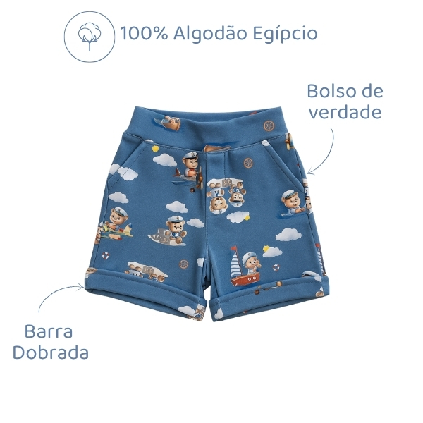 Bermuda Algodão Egípcio - Urso Azul Jeans