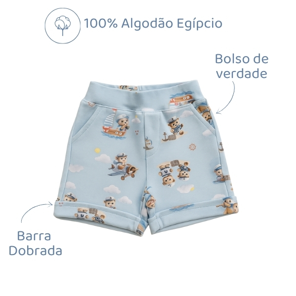 Bermuda Algodão Egípcio - Urso Azul Claro
