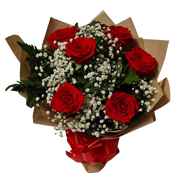 Buque de 6 Rosas Vermelhas com Coração de Madeira de Sonhos de Valsa