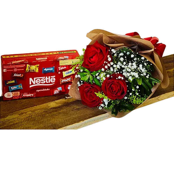 Buque de 3 Rosas Vermelhas com Caixa de Bombons Sortidos
