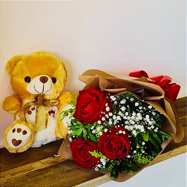 Buque de 3 Rosas Vermelhas com Ursinho de Pelúcia