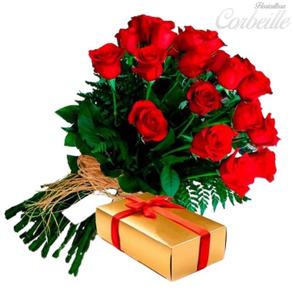 Buquê de 12 Rosas Vermelhas com uma Caixa de Bombons