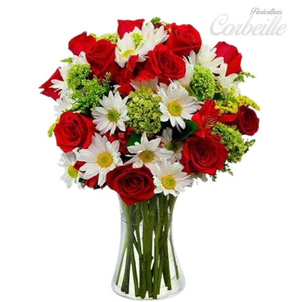 Arranjo de rosas vermelhas Importadas e margaridas brancas no vaso