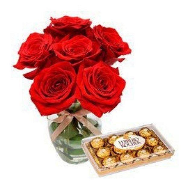 Rosas Vermelhas no vaso com Ferrero Rocher 12 Unidades