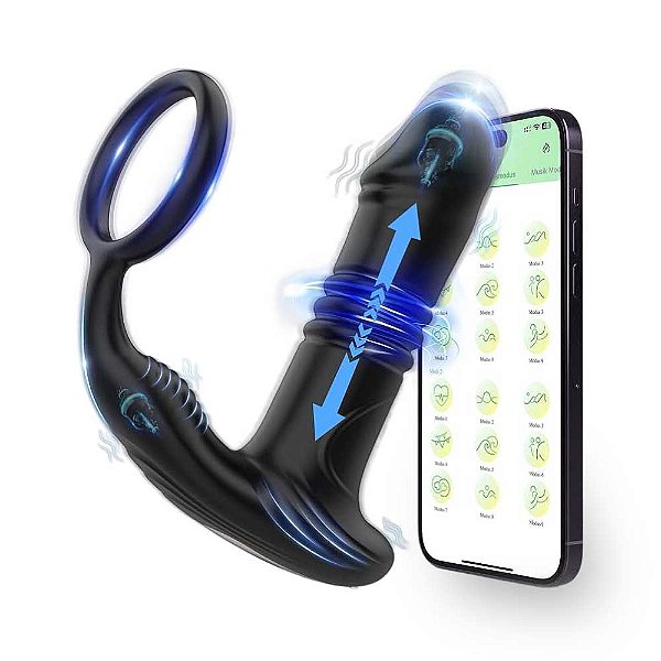 Massageador de próstata recarregável vai e vem com App controle remoto e anel peniano