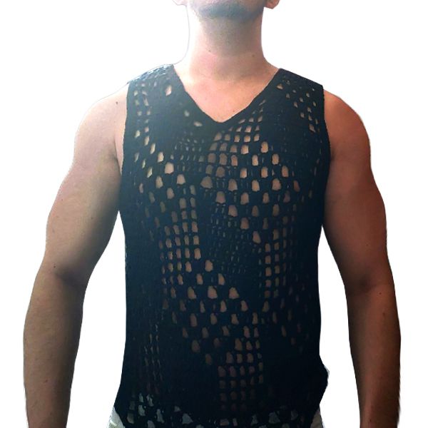 Camiseta_regata_masculina _de croche_Preto_Vulcan - Vest Fios