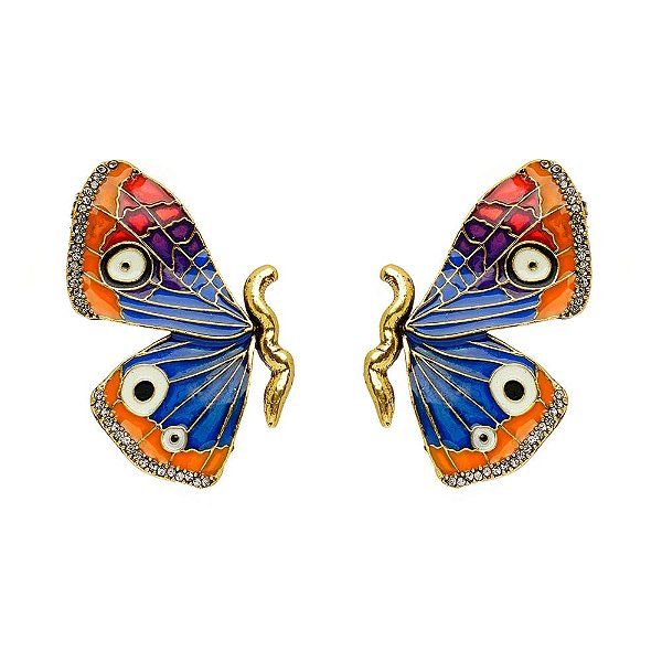 BRINCO PINO BORBOLETA ESMALTADA COLORIDA DOURADO NADIA GIMENES