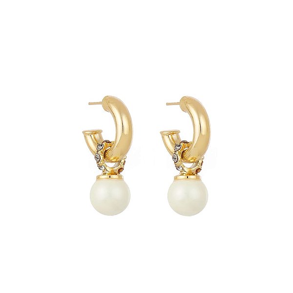 ARGOLA PINGENTE PEROLA E APLICACAO STRASS DOURADO NADIA GIEMENS