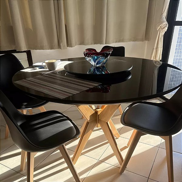 Mesa de Jantar base pandora tampo laqueado com vidro 120cm + Prato giratório