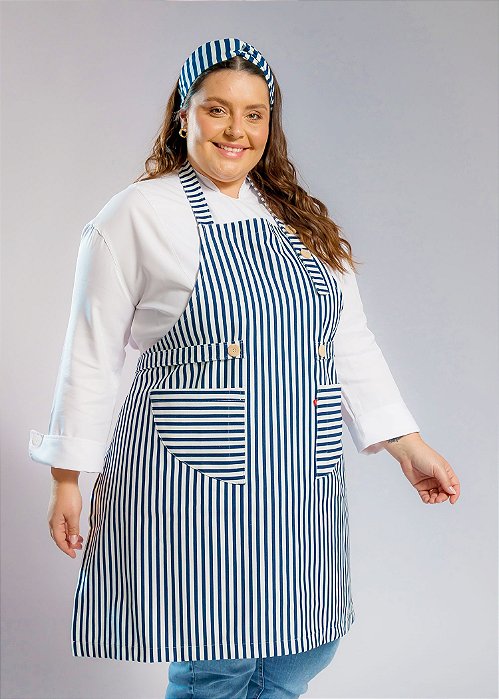 Avental Plus Size - Modelo Roma Sarja Listras Azul Marinho - Uniblu