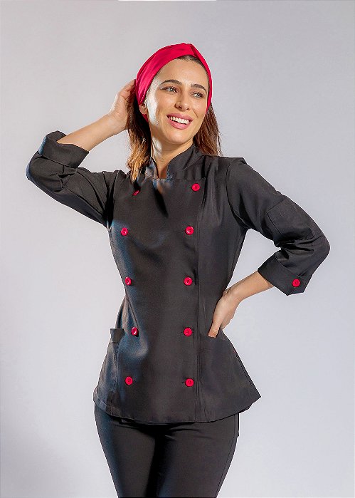 Camisa Feminina Chefe Cozinha - Dolman Stilus - Gabardine Italiano Cor- Preta Com Botões Vermelhos- Uniblu - Personalizado