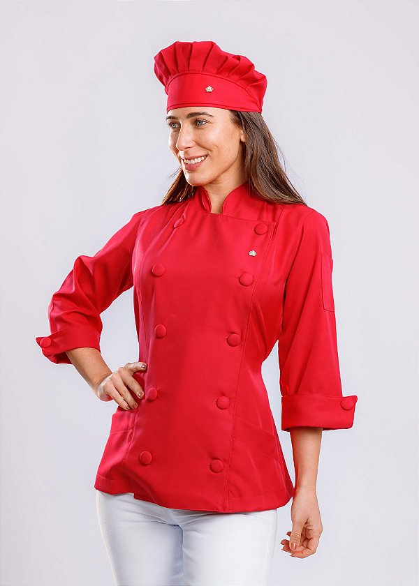Camisa Feminina Chefe Cozinha - Dolman Queen Vermelho Espinela - Botões Forrados - Uniblu - Personalizado