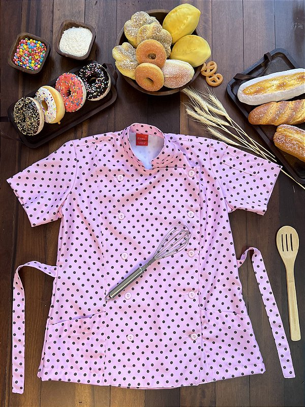 Camisa Feminina Chefe Cozinha - Dolman Stilus - Poá Rosa com Bolinhas Marrom Uniblu - Personalizado