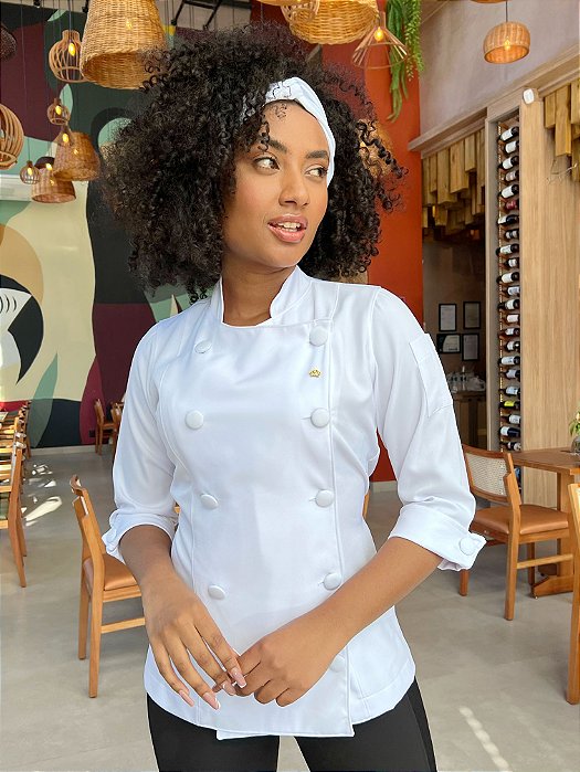 Camisa Feminina Chefe Cozinha - Dolman Queen Branca - Botões Forrados - Uniblu - Personalizado
