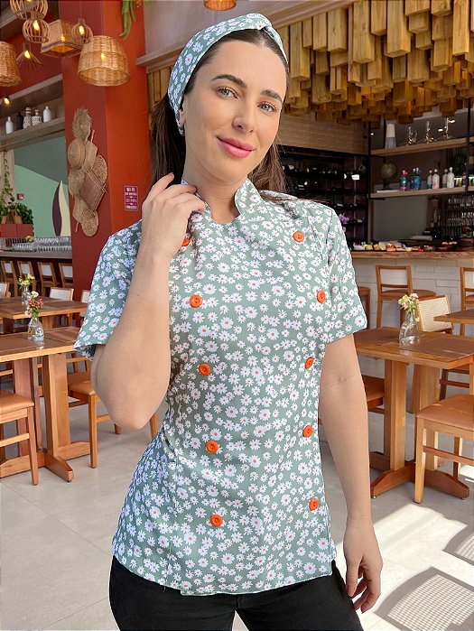 Camisa Feminina Chefe de Cozinha - Dolman Stilus Manga Curta - Margaridas Verde - Uniblu - Personalizado
