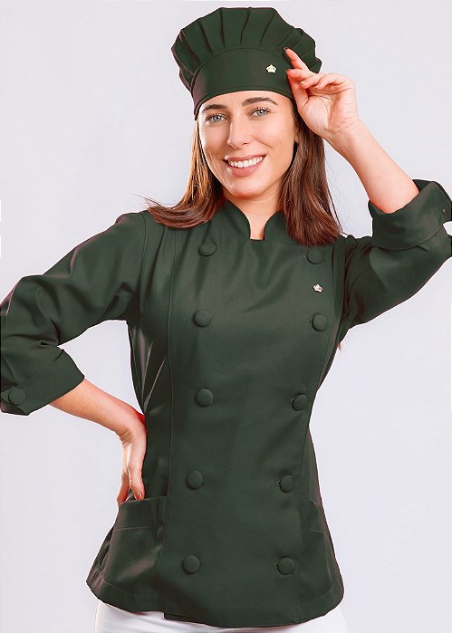 Camisa Feminina Chefe Cozinha - Dolman Queen Verde Musgo - Botões Forrados - Uniblu - Personalizado