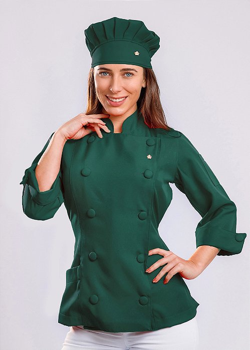 Camisa Feminina Chefe Cozinha - Dolman Queen Verde Botânical - Botões Forrados - Uniblu - Personalizado