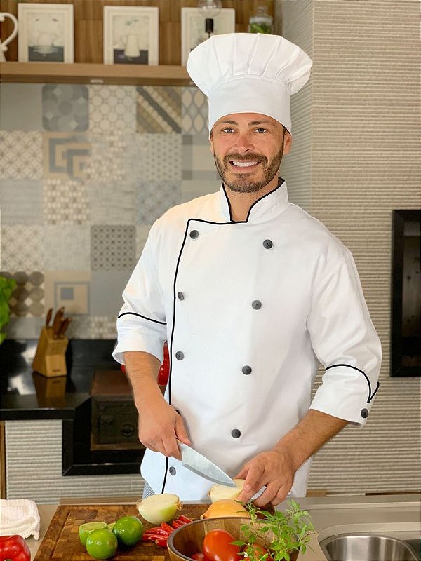 Camisa Chef Cozinha - Dolman Stilus cor Branca 100% Algodão com Vivo Preto - Uniblu - Personalizado