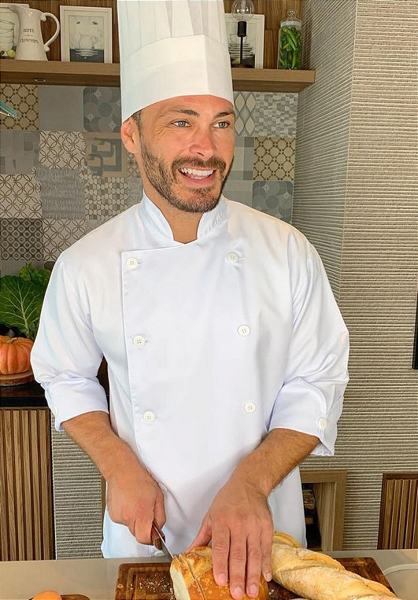 Camisa Masculina chefe Cozinha - Dolmãn Stilus Gabardine Italiano cor- Branca - Botões Brancos - Uniblu - Personalizado