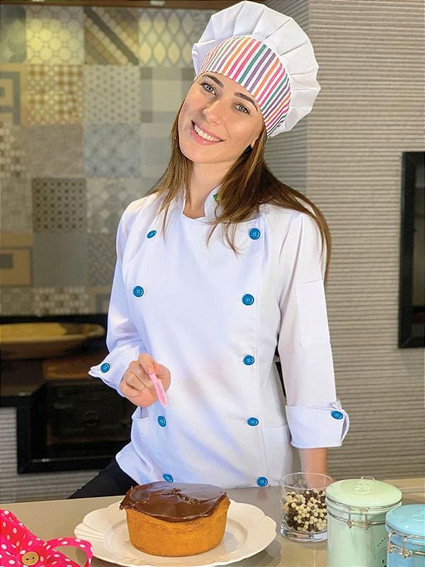 Camisa Feminina Chefe Cozinha - Dolman Stilus Branca - Botões Azul Royal - Uniblu - Personalizado
