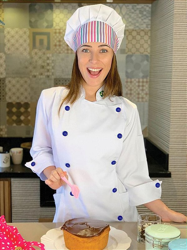 Camisa Feminina Chefe Cozinha - Dolman Stilus Branca - Botões Azul Marinho - Uniblu - Personalizado