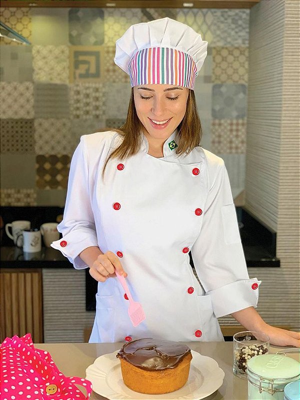 Camisa Feminina Chefe Cozinha - Dolman Stilus Branca - Botões Vermelhos- Uniblu - Personalizado
