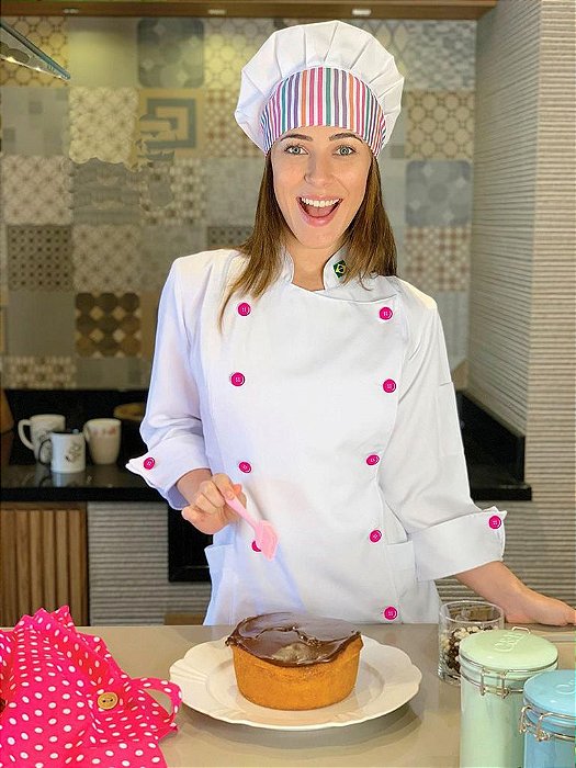 Camisa Feminina Chefe Cozinha - Dolman Stilus Branca - Botões Pink - Uniblu - Personalizado