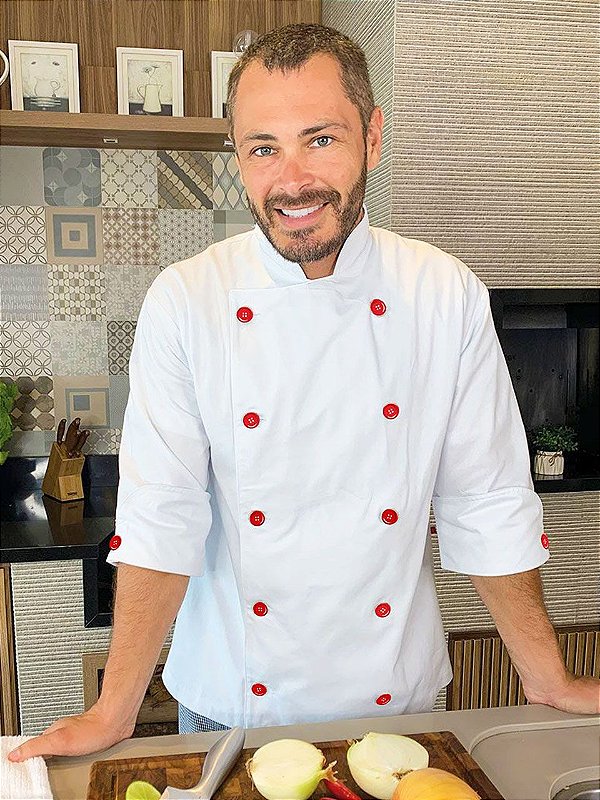 Camisa Masculina Chefe Cozinha - Dolmãn Stilus Branca - Botões Vermelhos - Uniblu - Personalizado