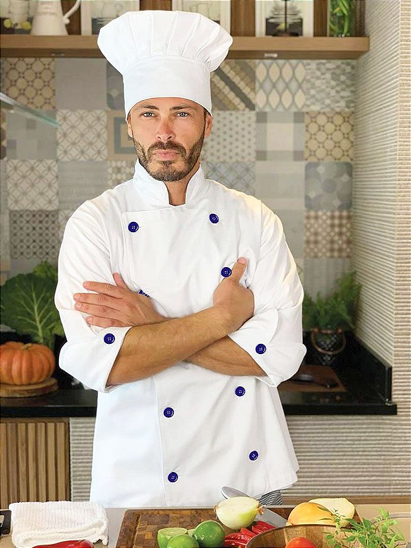 Camisa Masculina Chefe Cozinha - Dolmãn Stilus Branca - Botões Marinho - Uniblu - Personalizado