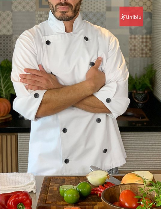 Camisa chefe Cozinha - Dolmãn Stilus Gabardine Italiano cor- Branca - Botões Pretos - Uniblu - Personalizado